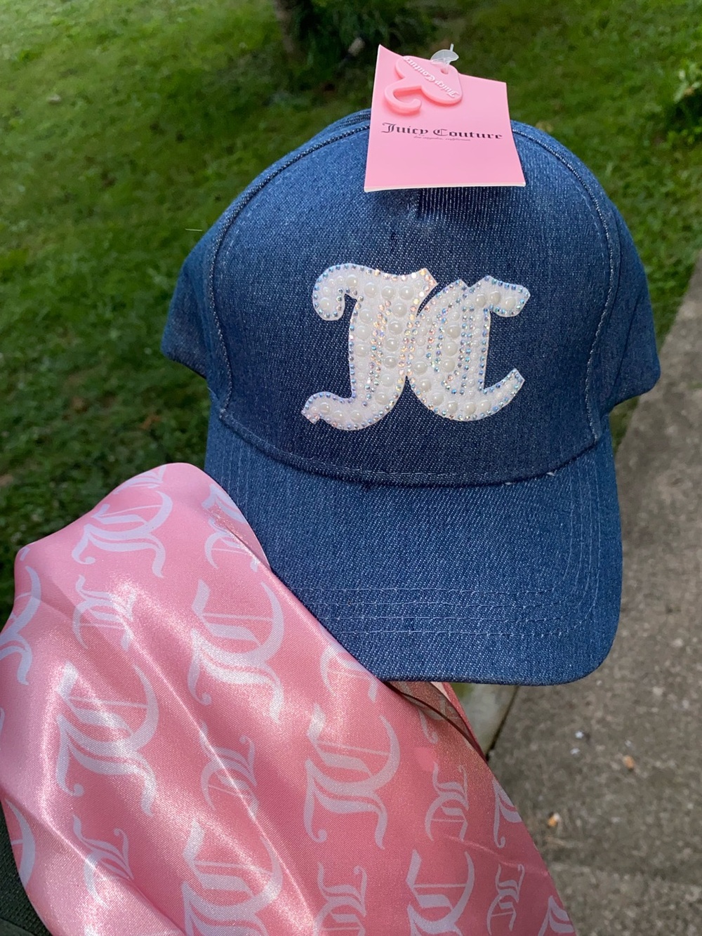 💖🖤JUICY COUTURE- Denim Hat & Satin Scarf/ Twilly Bundle (NWT!)